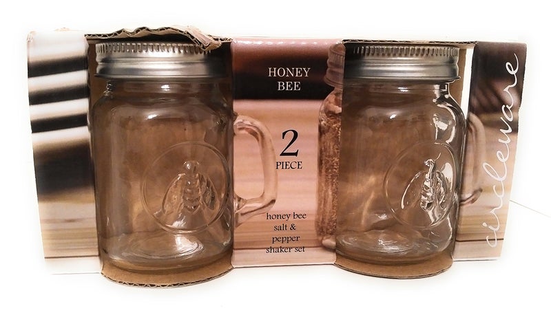 Circleware Honey Bee Mason Jar Mug Glass Salt and Pepper Shakers with Glass Handles and Metal Lids, Set of 2, 5 oz., Clear - Image 1